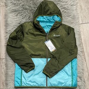 Cotopaxi Olive and Aqua Hooded Jacket